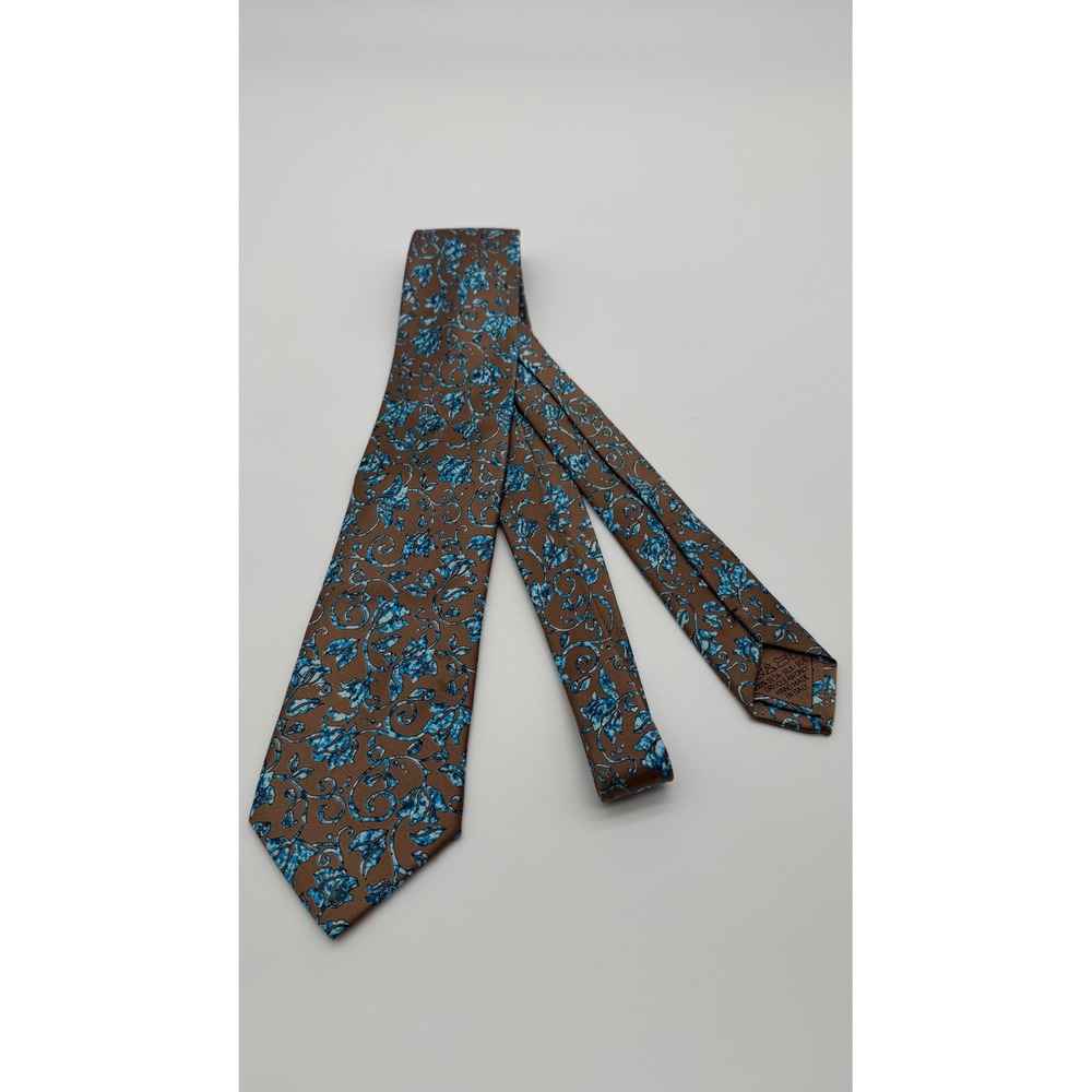 Clubman Italy Silk Tie Mens Bronze Brown Blue Floral Filigree Handmade 61 Inch